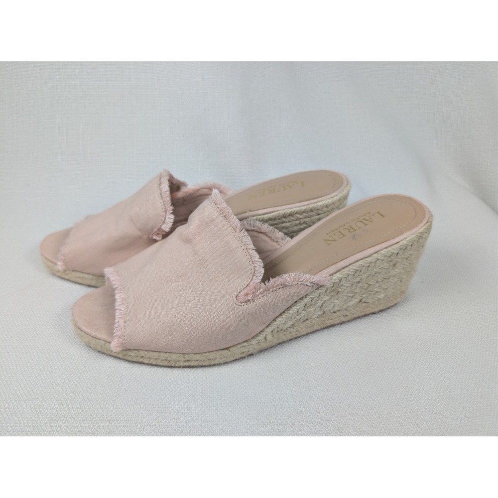Lauren Ralph Lauren Carlynda Linen‎ Espadrille Wedge Sandals 9B Pink Fringe Mule